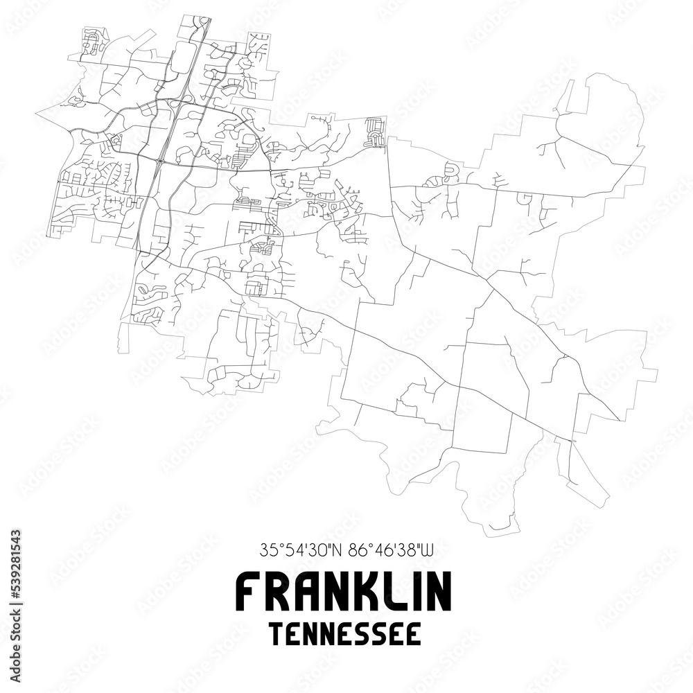 Franklin Tennessee. US street map with black and white lines.