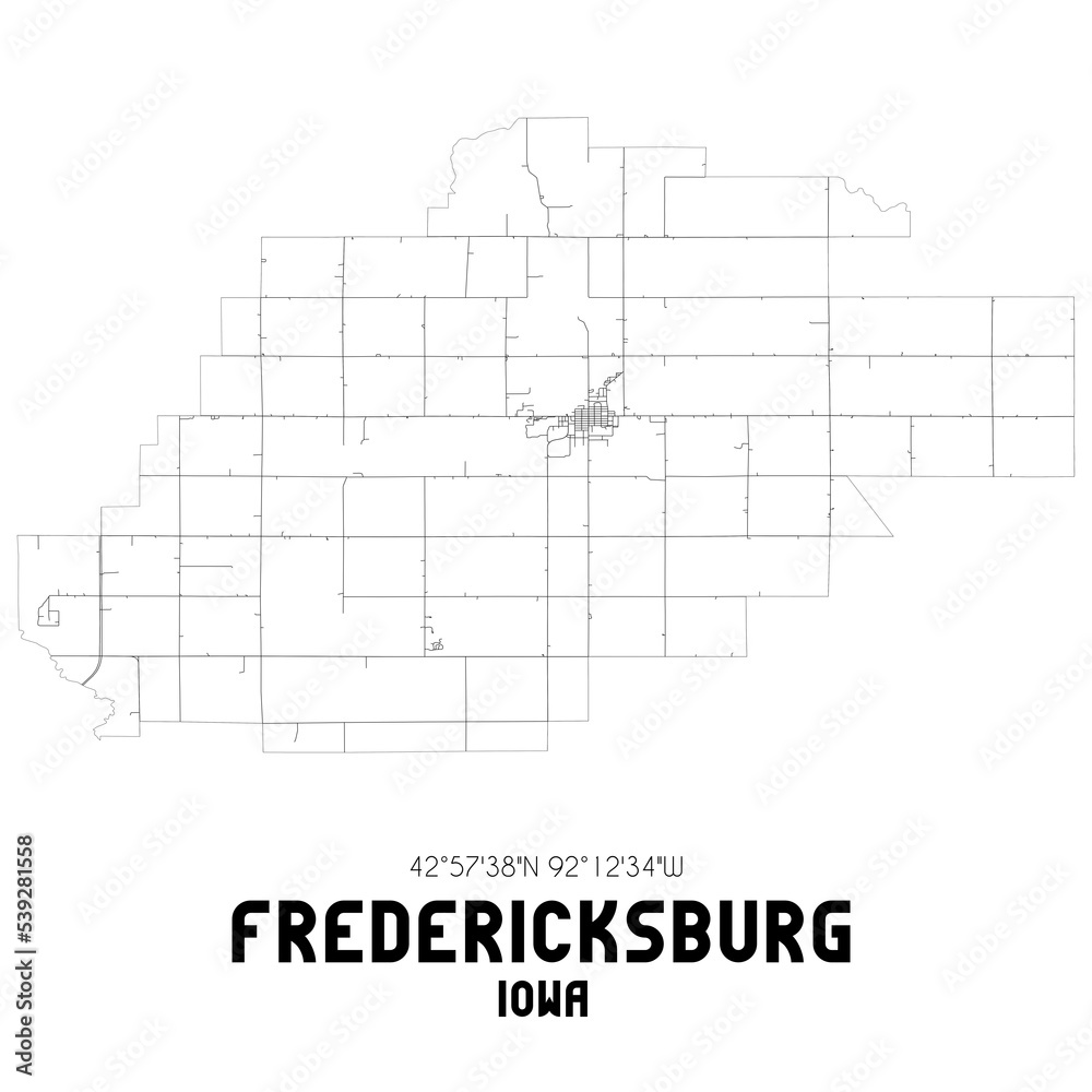Fredericksburg Iowa. US street map with black and white lines.