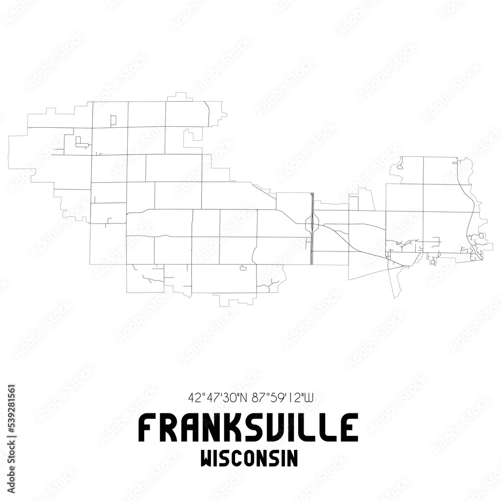 Franksville Wisconsin. US street map with black and white lines.