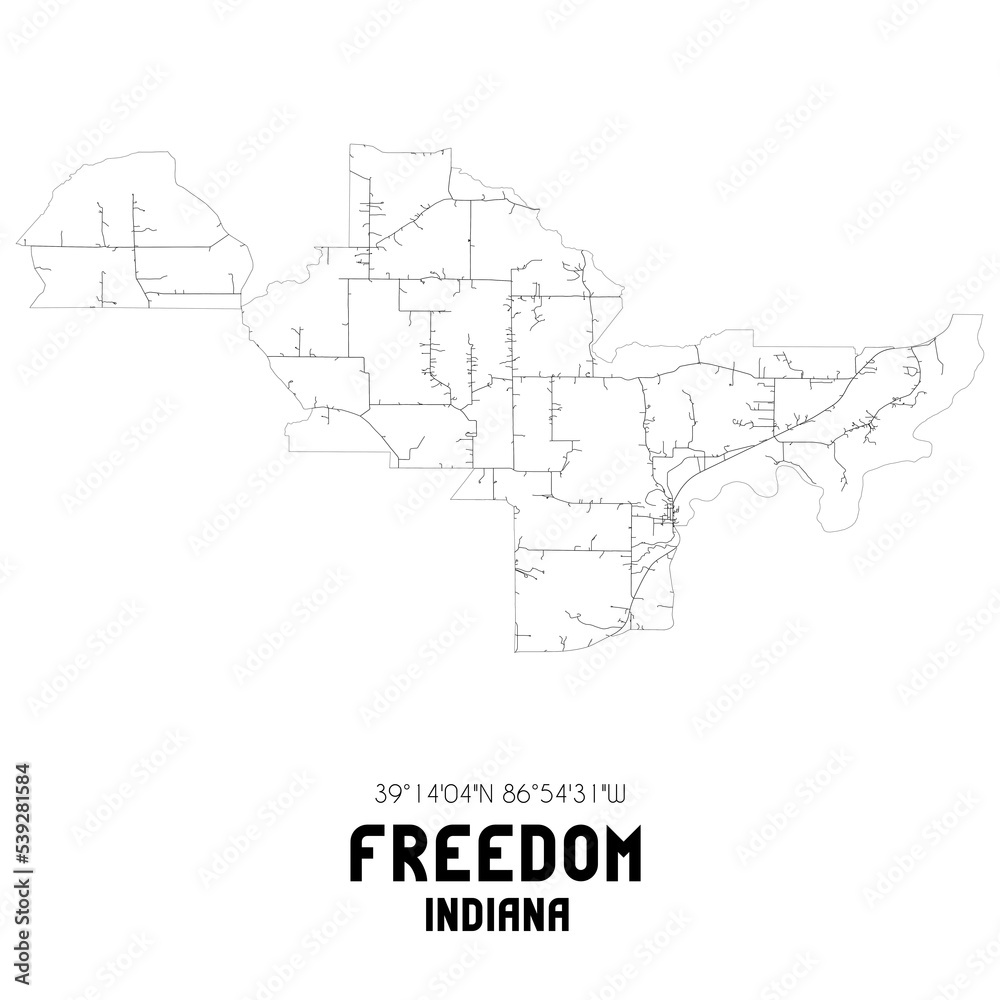 Freedom Indiana. US street map with black and white lines.