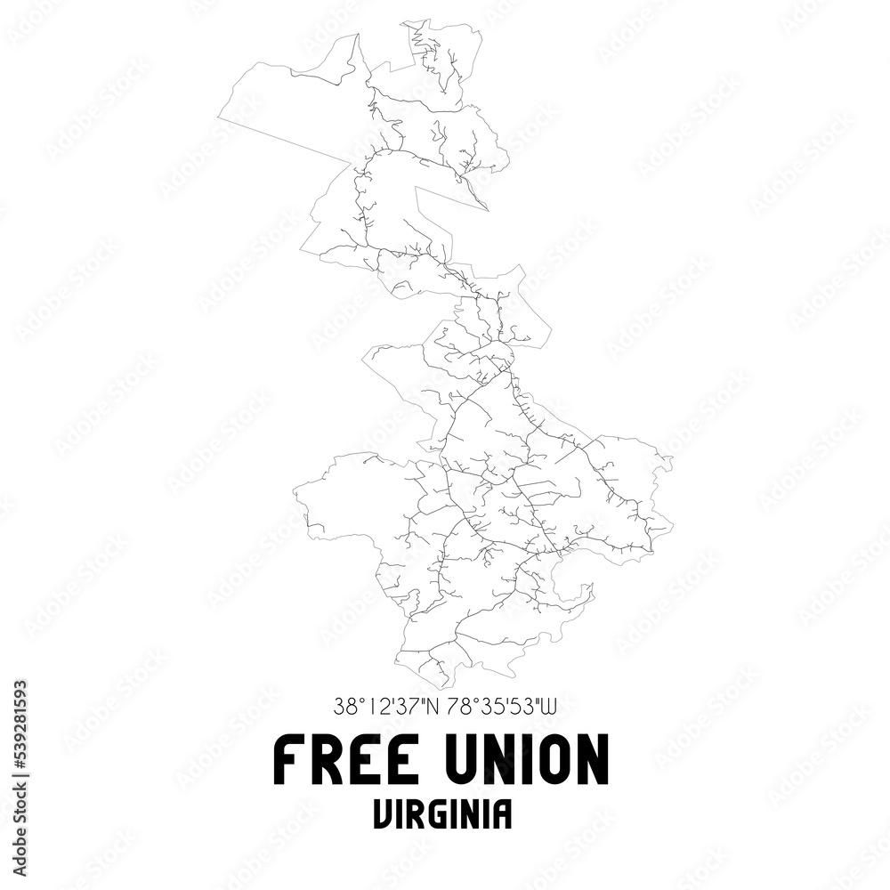 Free Union Virginia. US street map with black and white lines.