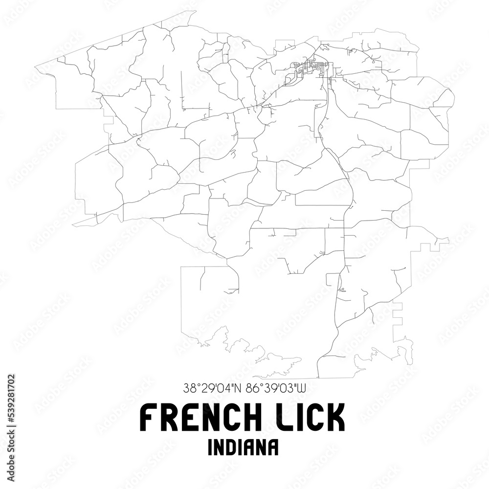 French Lick Indiana. US street map with black and white lines.