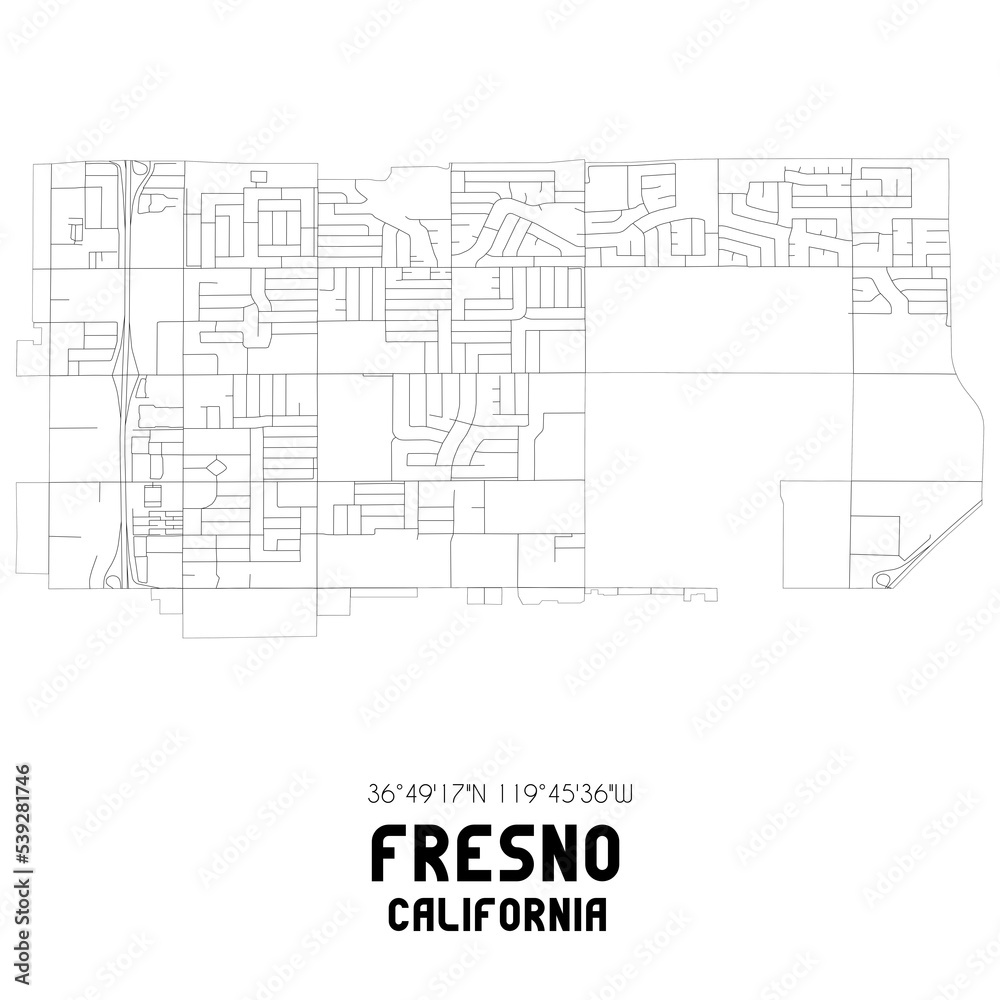Fresno California. US street map with black and white lines.