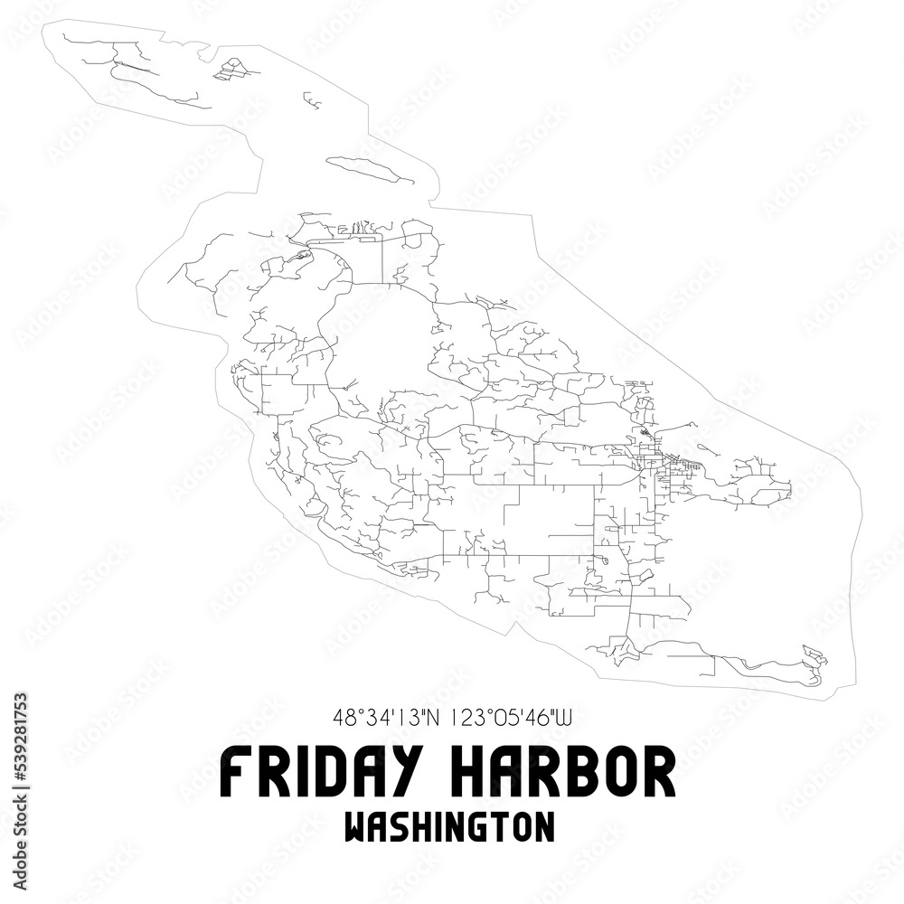 Friday Harbor Washington. US street map with black and white lines.