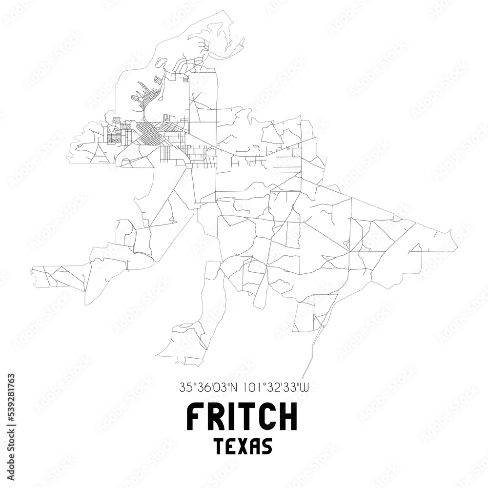 Fritch Texas. US street map with black and white lines.