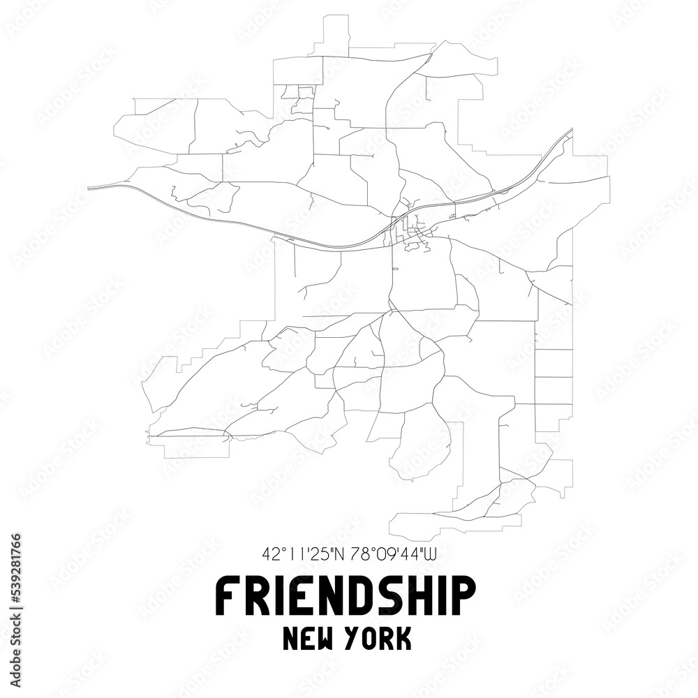Friendship New York. US street map with black and white lines.