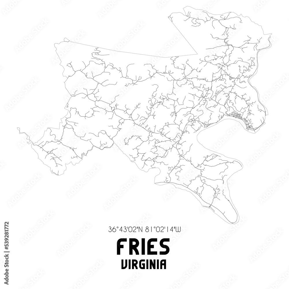 Fototapeta premium Fries Virginia. US street map with black and white lines.