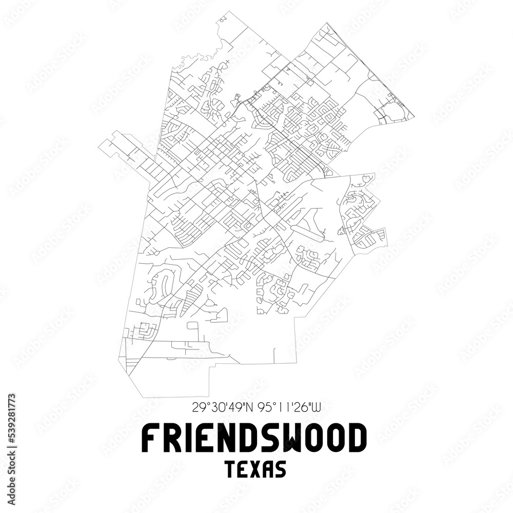 Friendswood Texas. US street map with black and white lines.