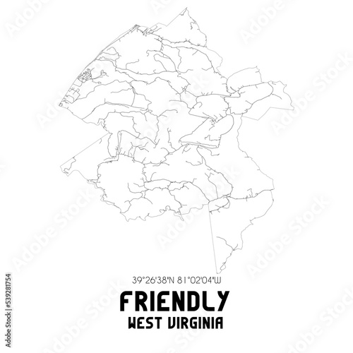 Friendly West Virginia. US street map with black and white lines.