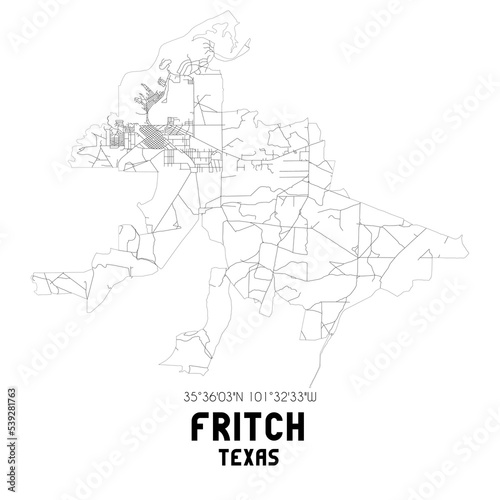 Fritch Texas. US street map with black and white lines.