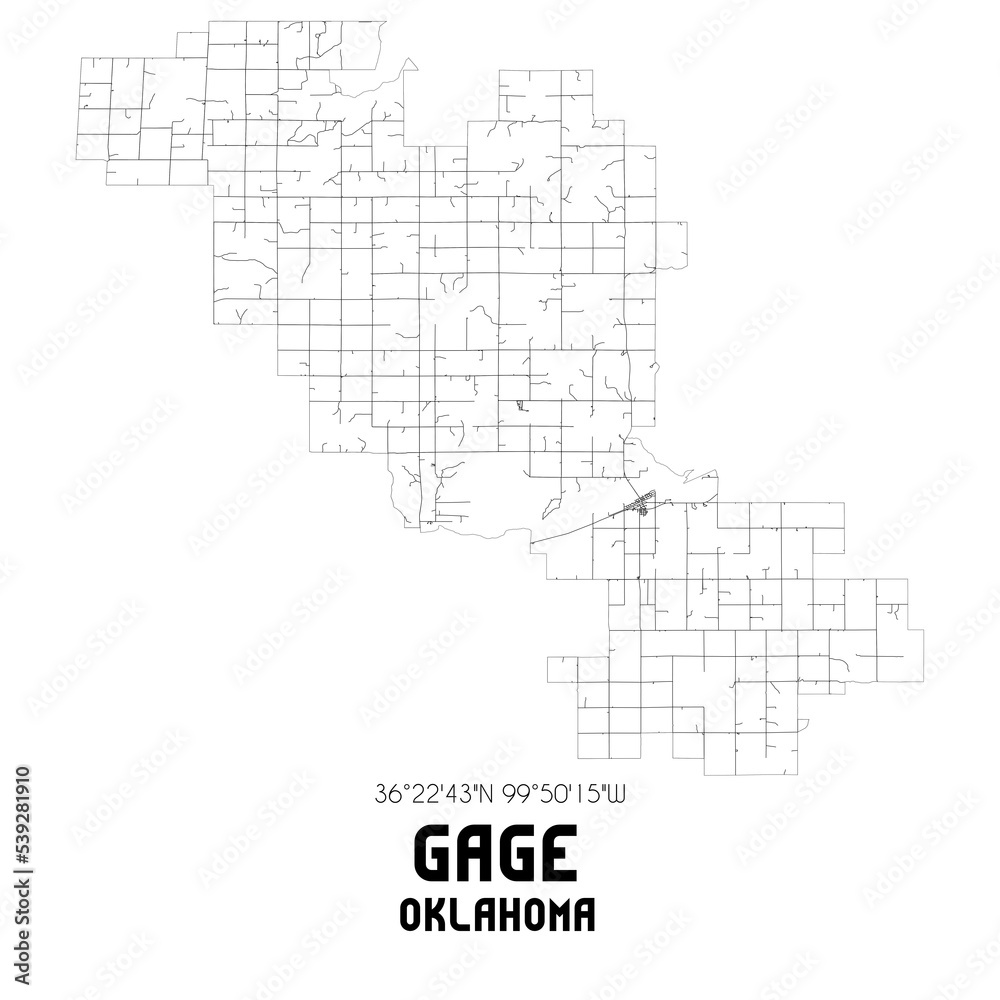 Gage Oklahoma. US street map with black and white lines.