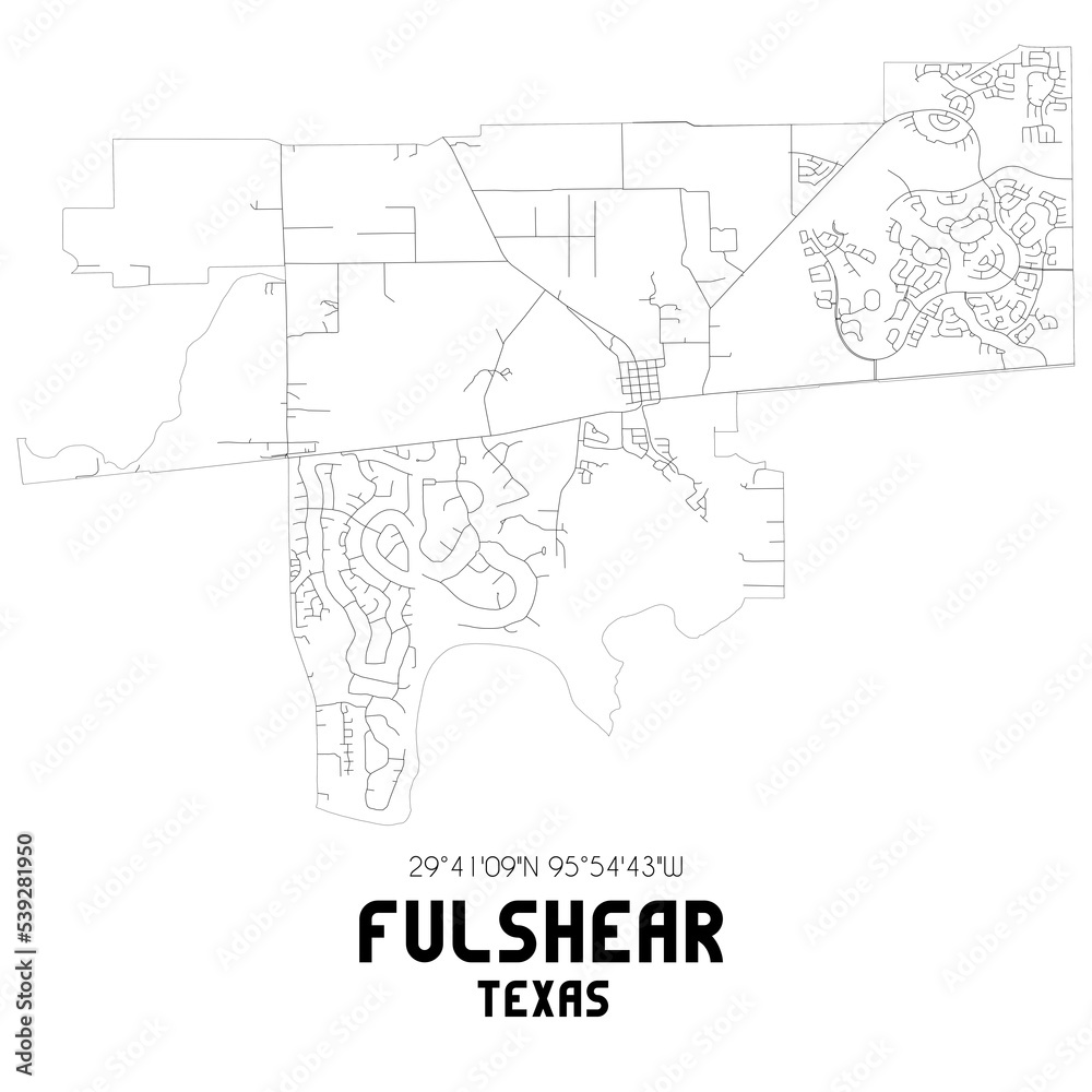 Fulshear Texas. US street map with black and white lines.