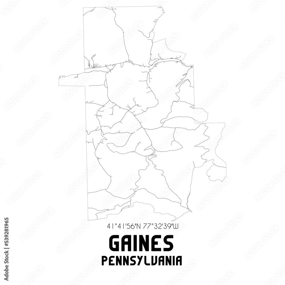 Gaines Pennsylvania. US street map with black and white lines.