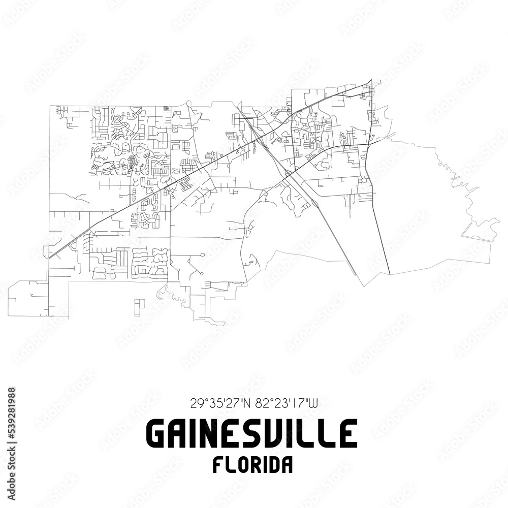 Gainesville Florida. US street map with black and white lines.
