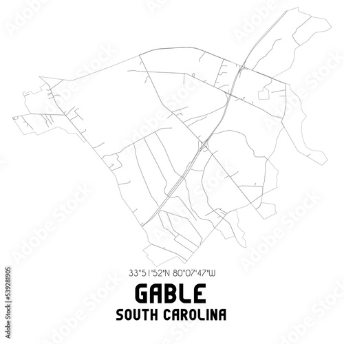 Gable South Carolina. US street map with black and white lines.