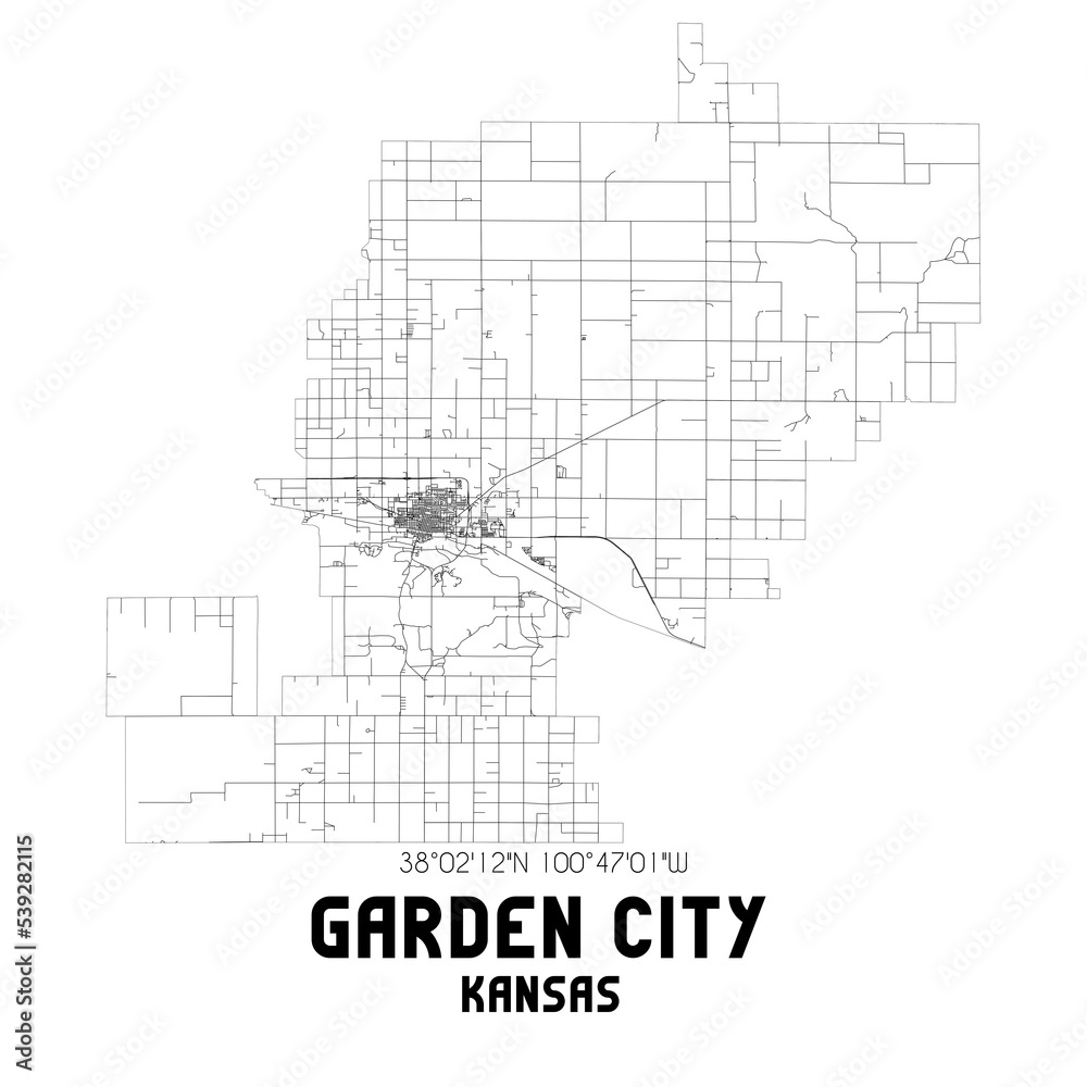 Garden City Kansas. US street map with black and white lines.