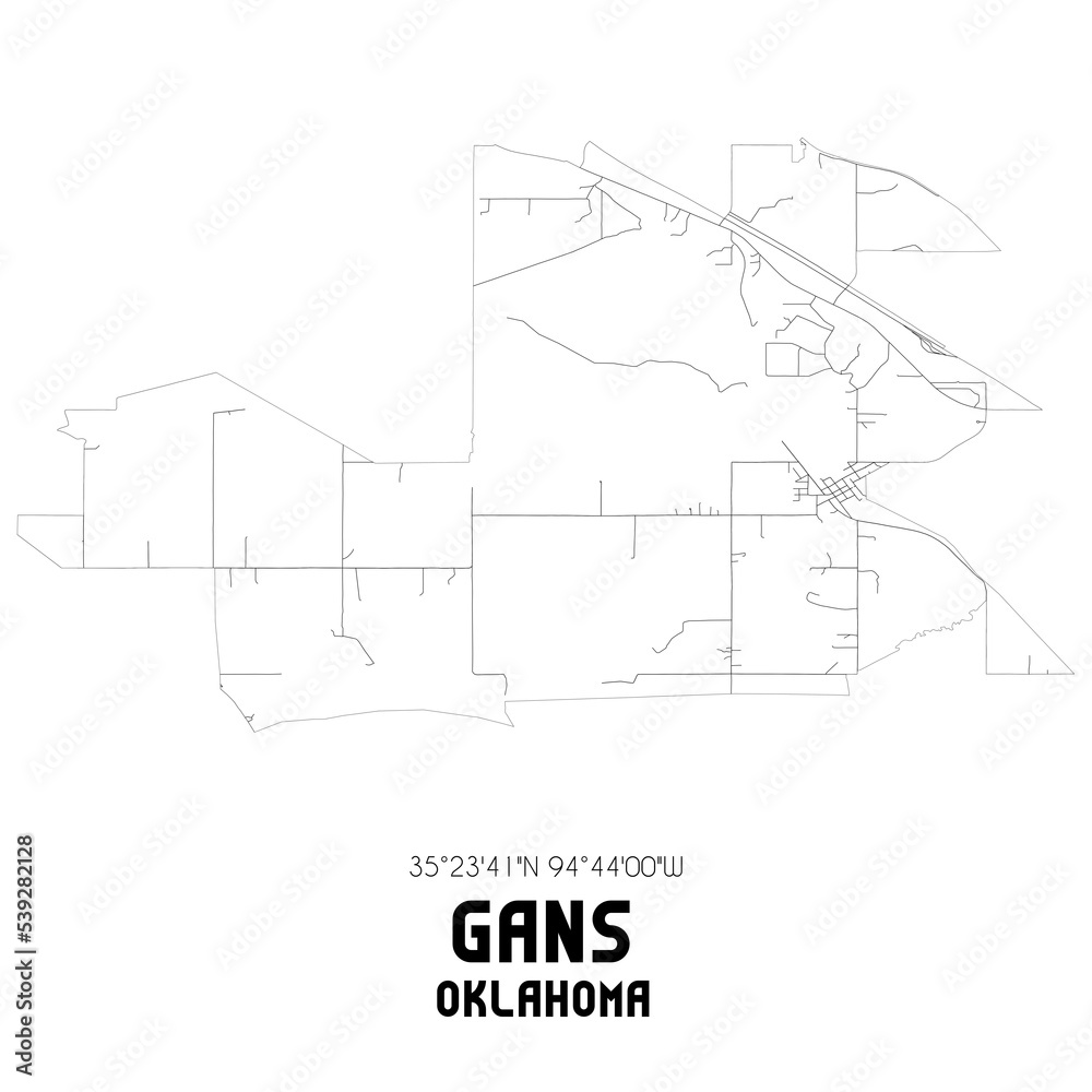 Gans Oklahoma. US street map with black and white lines.