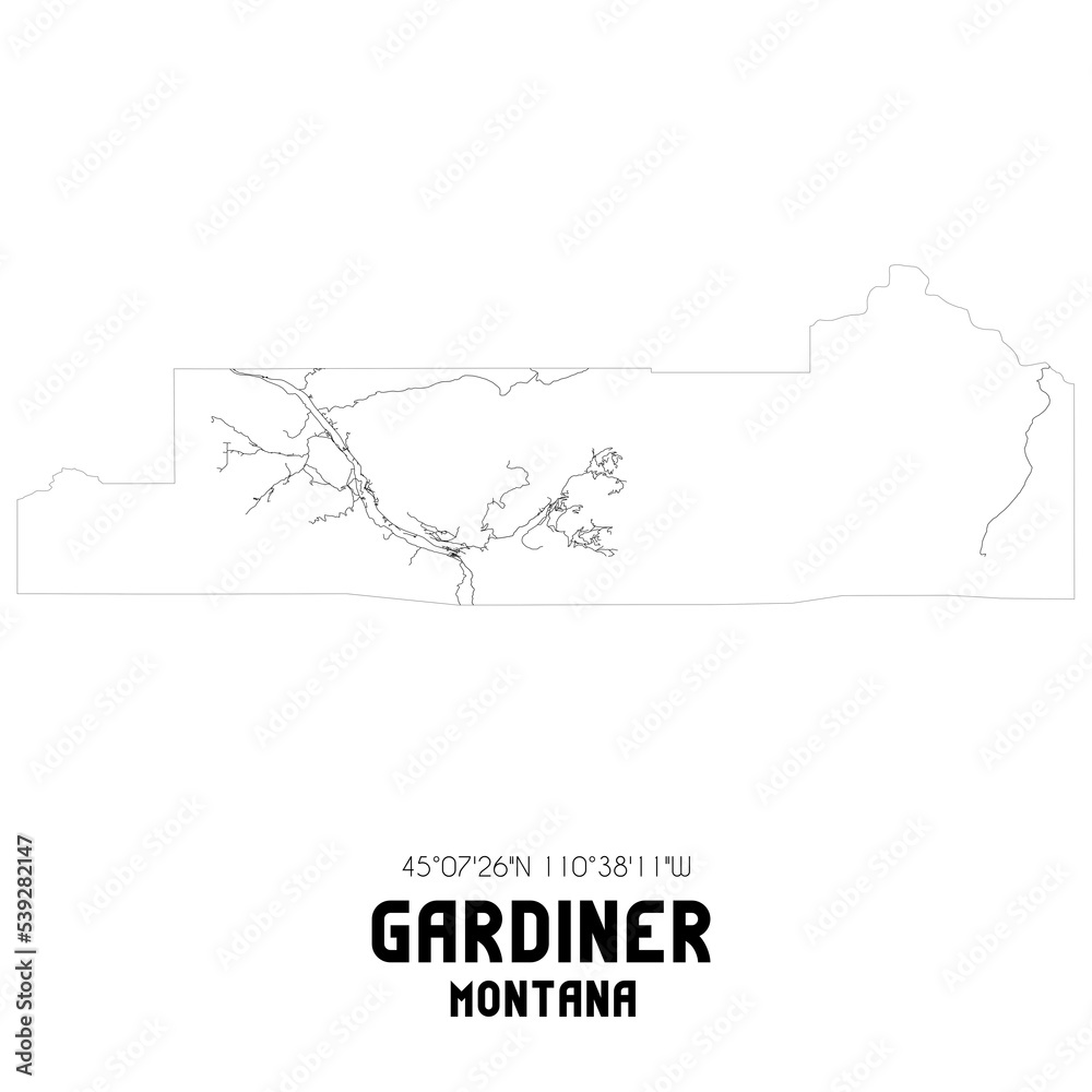 Gardiner Montana. US street map with black and white lines. Stock