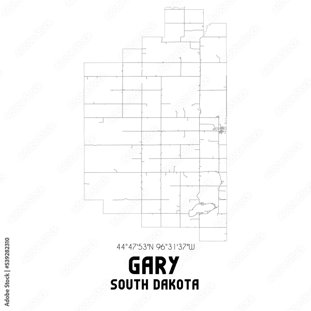 Gary South Dakota. US street map with black and white lines.