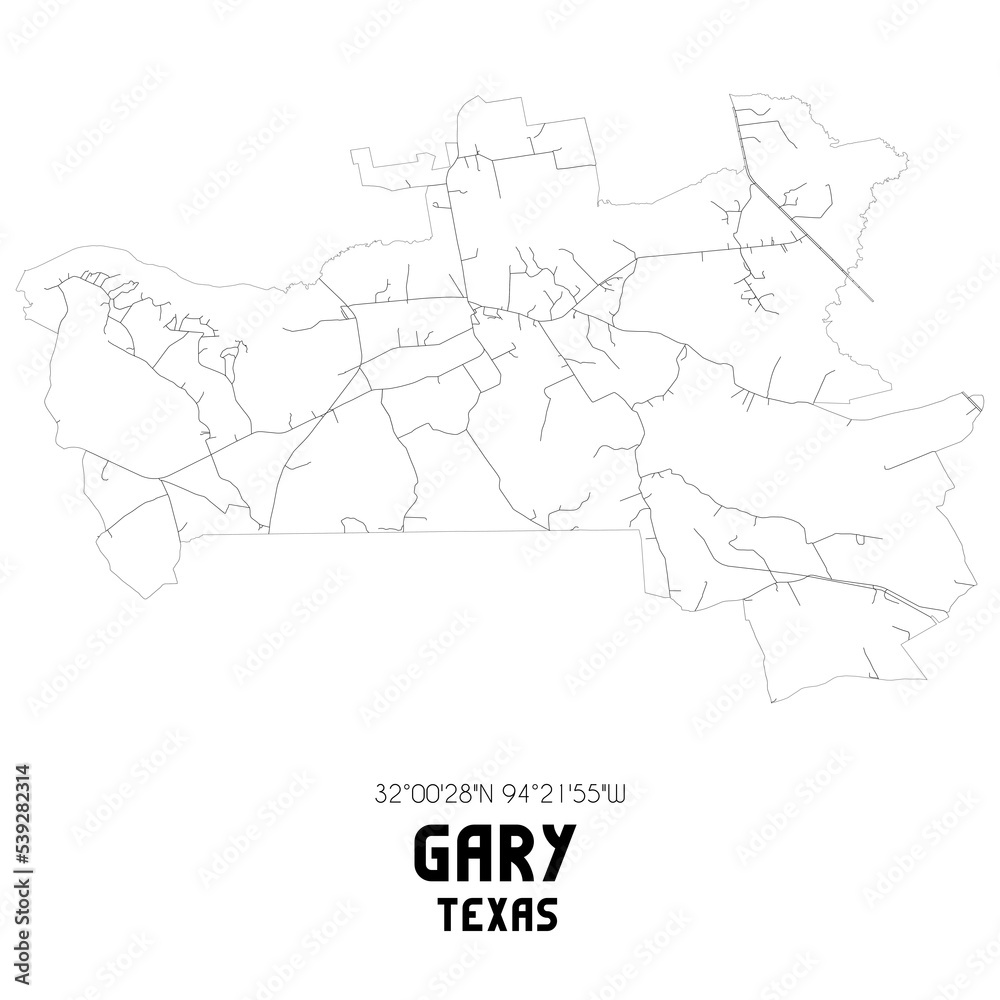 Gary Texas. US street map with black and white lines. Stock
