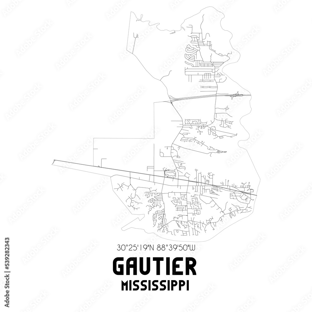 Gautier Mississippi. US street map with black and white lines.