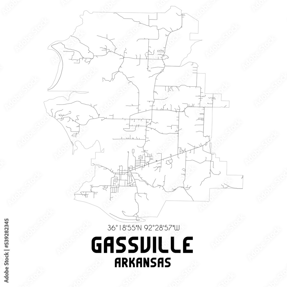 Gassville Arkansas. US street map with black and white lines. Stock
