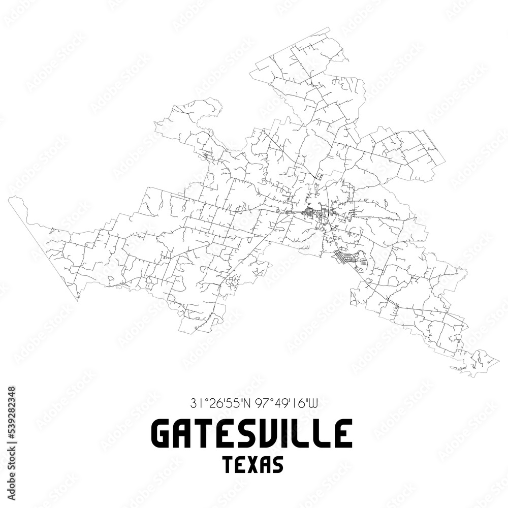 Gatesville Texas. US street map with black and white lines.