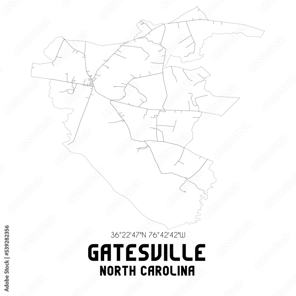 Gatesville North Carolina. US street map with black and white lines.