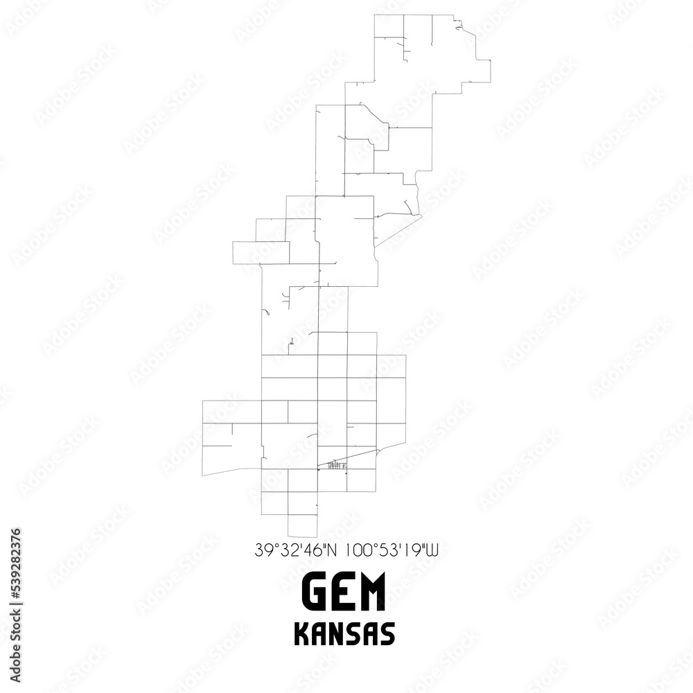 Gem Kansas. US street map with black and white lines.