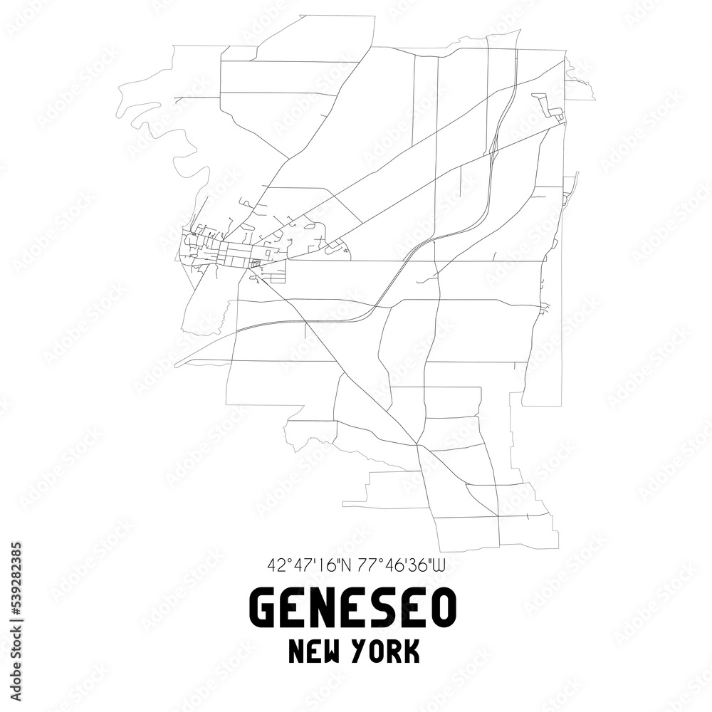 Geneseo New York. US street map with black and white lines.