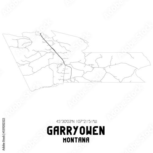 Garryowen Montana. US street map with black and white lines.