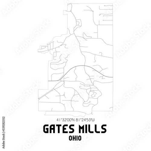 Gates Mills Ohio. US street map with black and white lines.