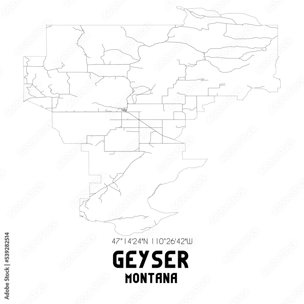 Geyser Montana. US street map with black and white lines.