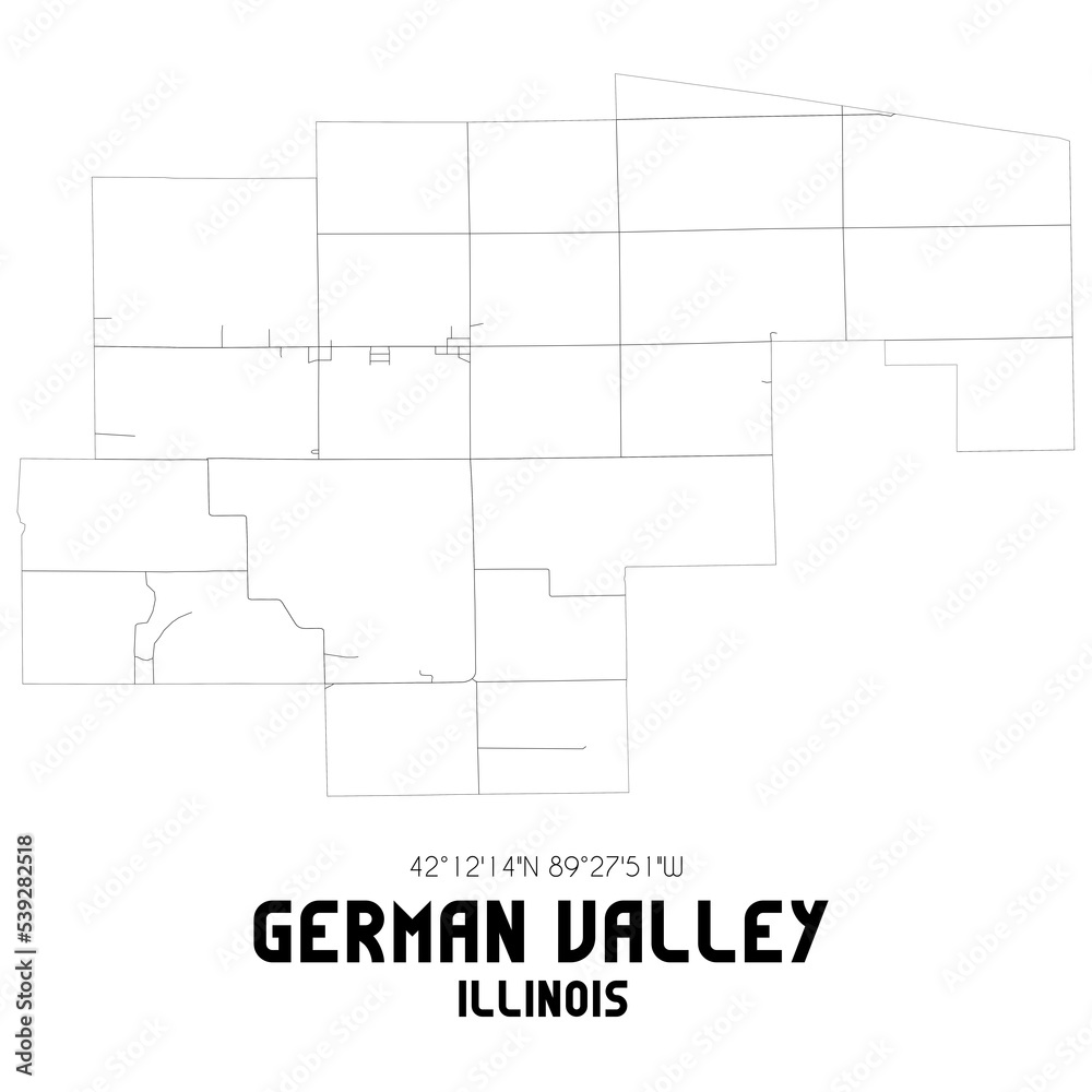 German Valley Illinois. US street map with black and white lines.