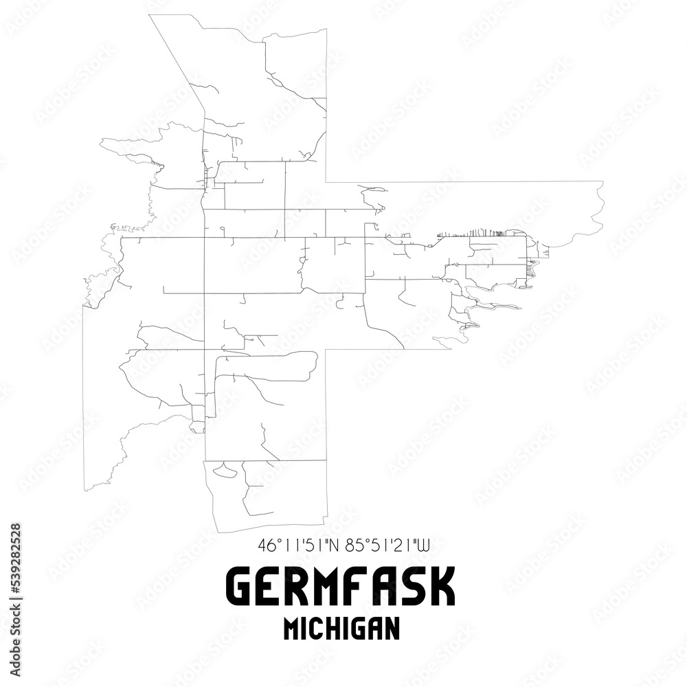 Germfask Michigan. US street map with black and white lines.