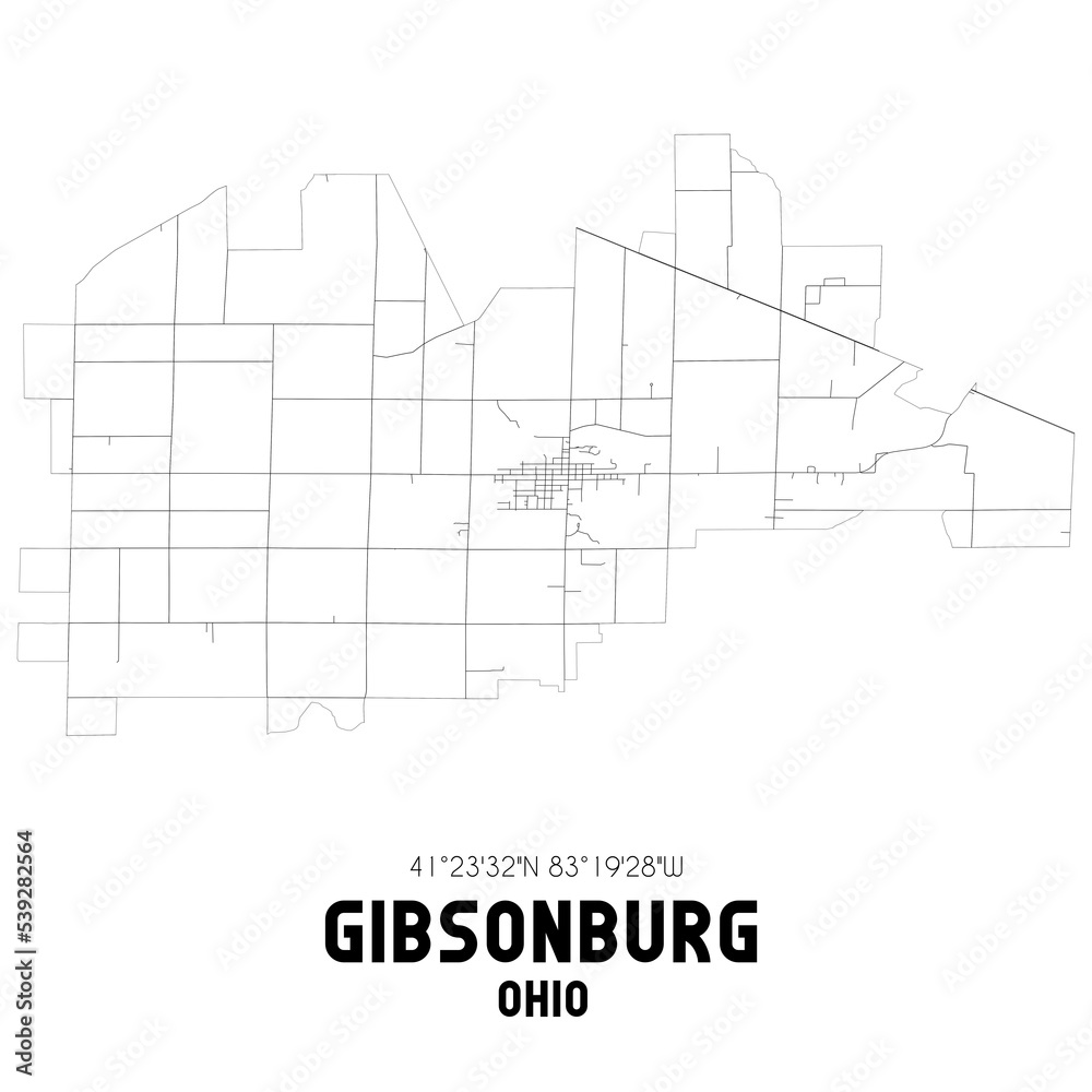 Gibsonburg Ohio. US street map with black and white lines.