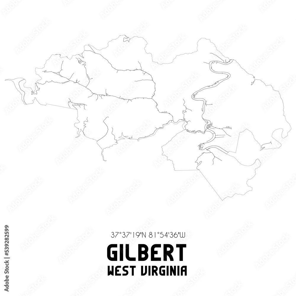 Gilbert West Virginia. US street map with black and white lines.