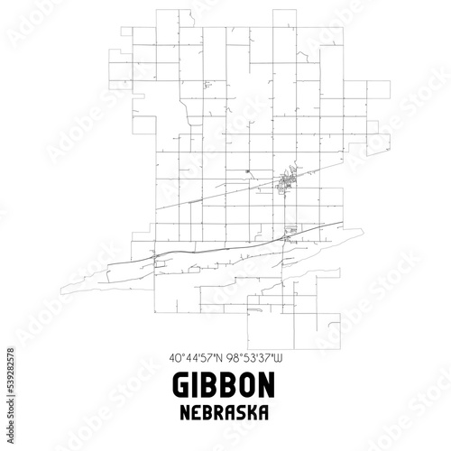 Gibbon Nebraska. US street map with black and white lines.