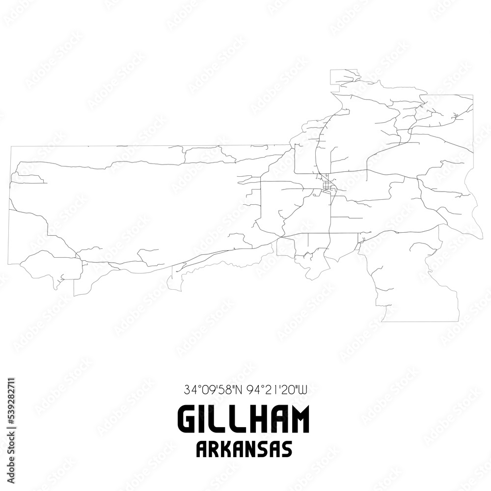 Gillham Arkansas. US street map with black and white lines. Stock