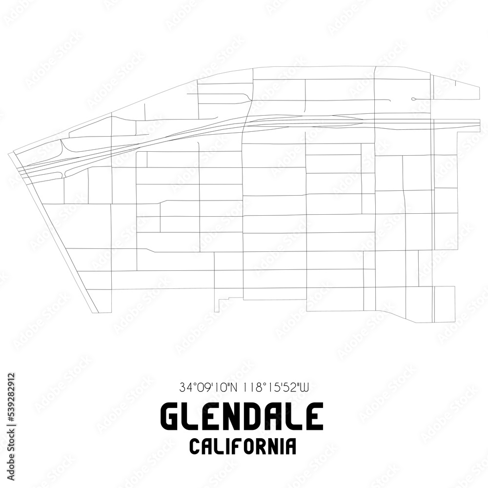 Glendale California. US street map with black and white lines.
