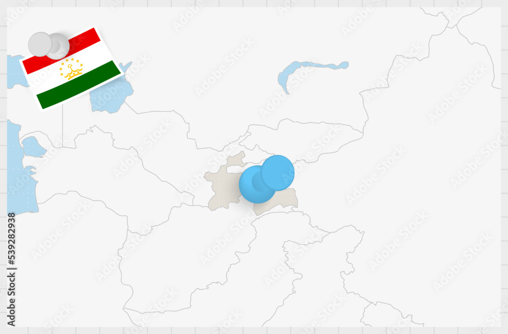 Map of Tajikistan with a pinned blue pin. Pinned flag of Tajikistan.