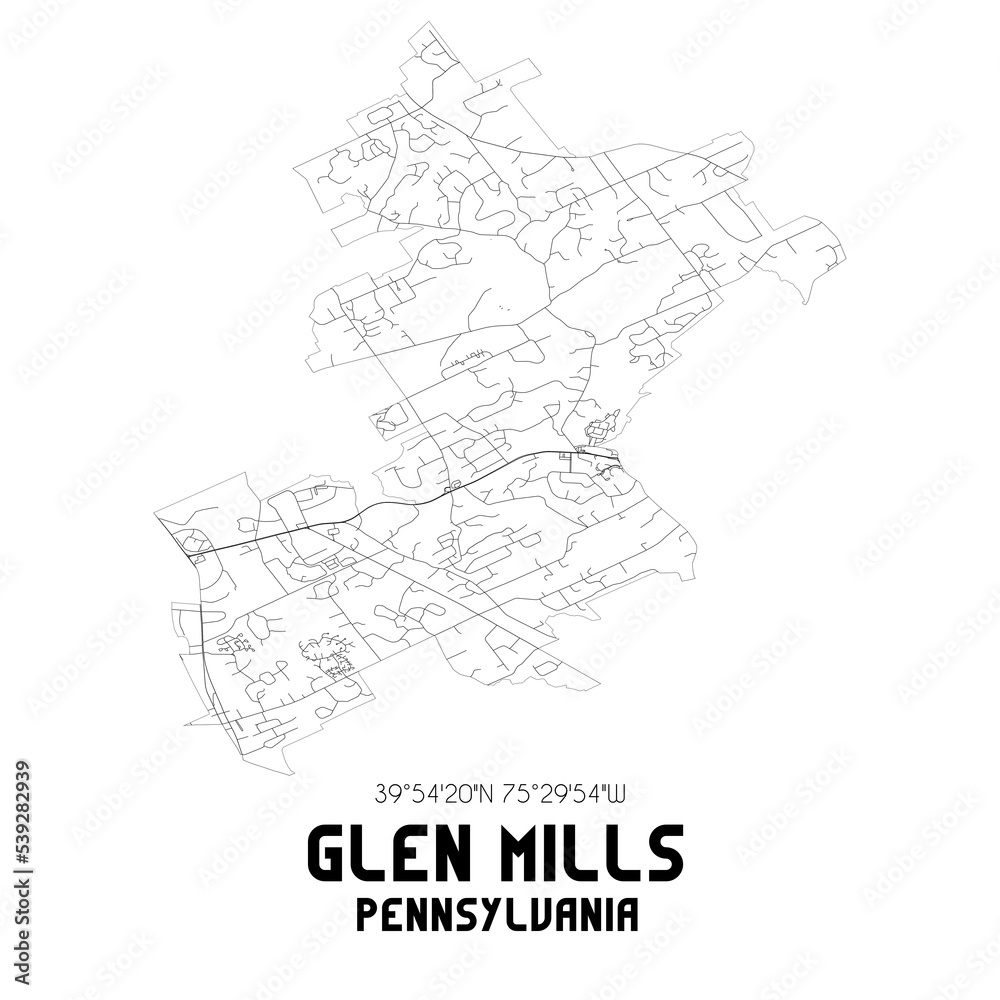Glen Mills Pennsylvania. US street map with black and white lines.