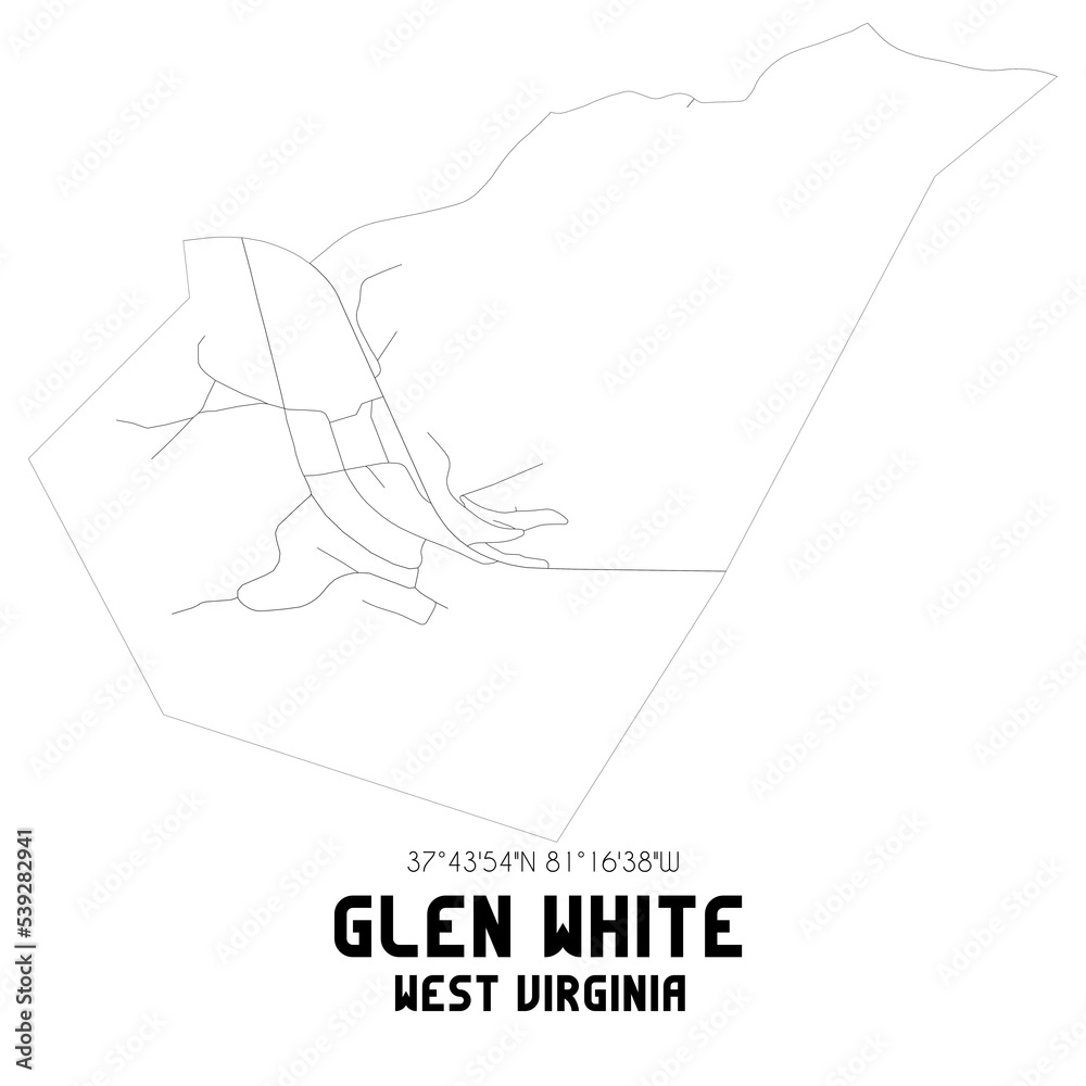 Glen White West Virginia. US street map with black and white lines.