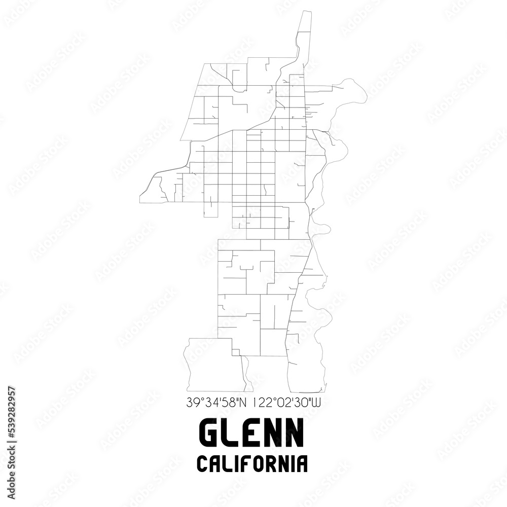 Glenn California. US street map with black and white lines.