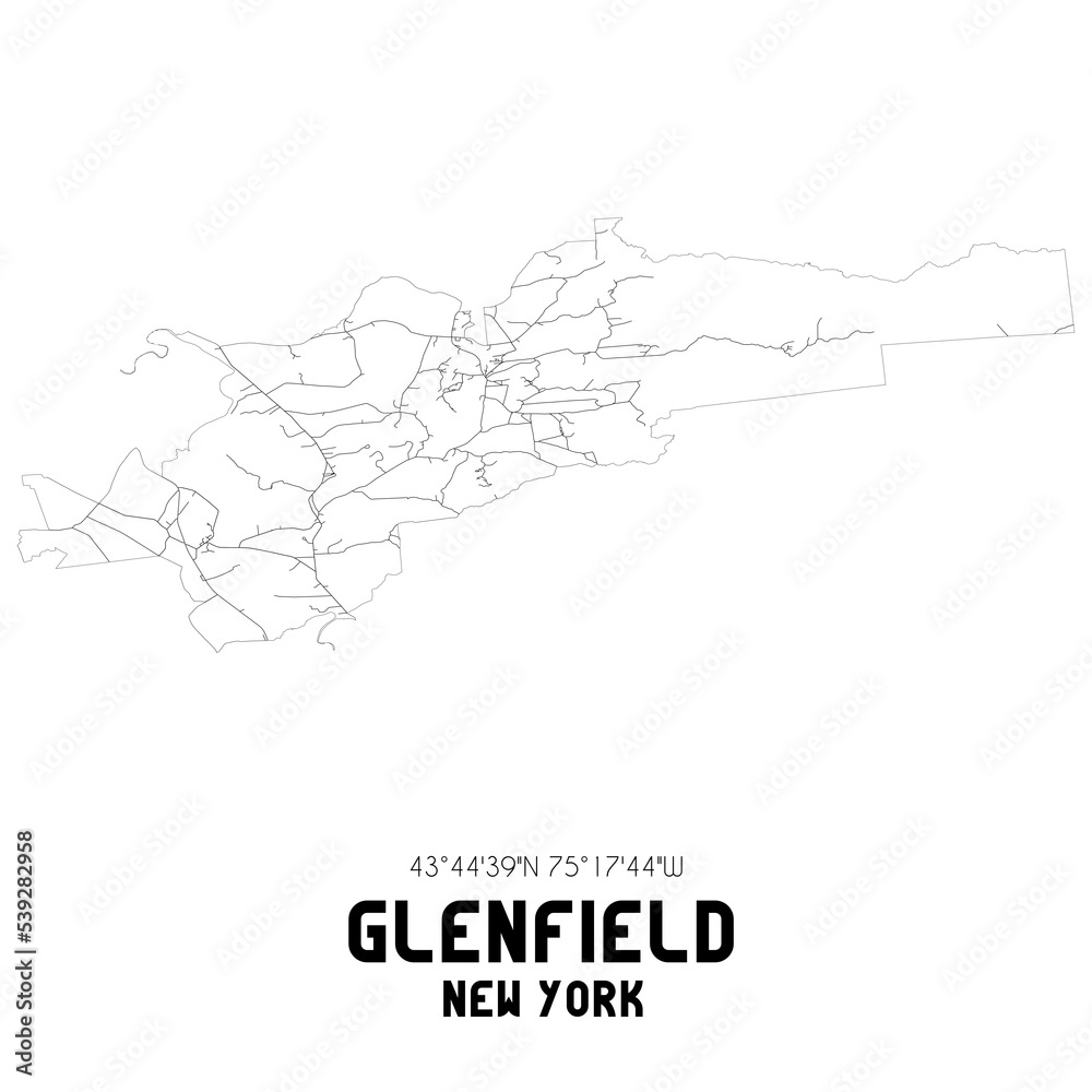 Glenfield New York. US street map with black and white lines.
