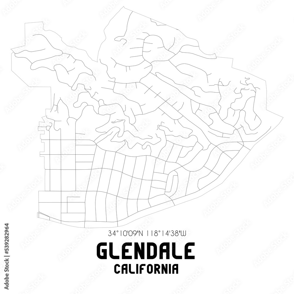Glendale California. US street map with black and white lines.