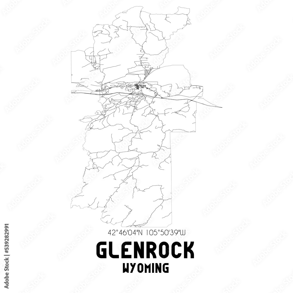 Glenrock Wyoming. US street map with black and white lines.