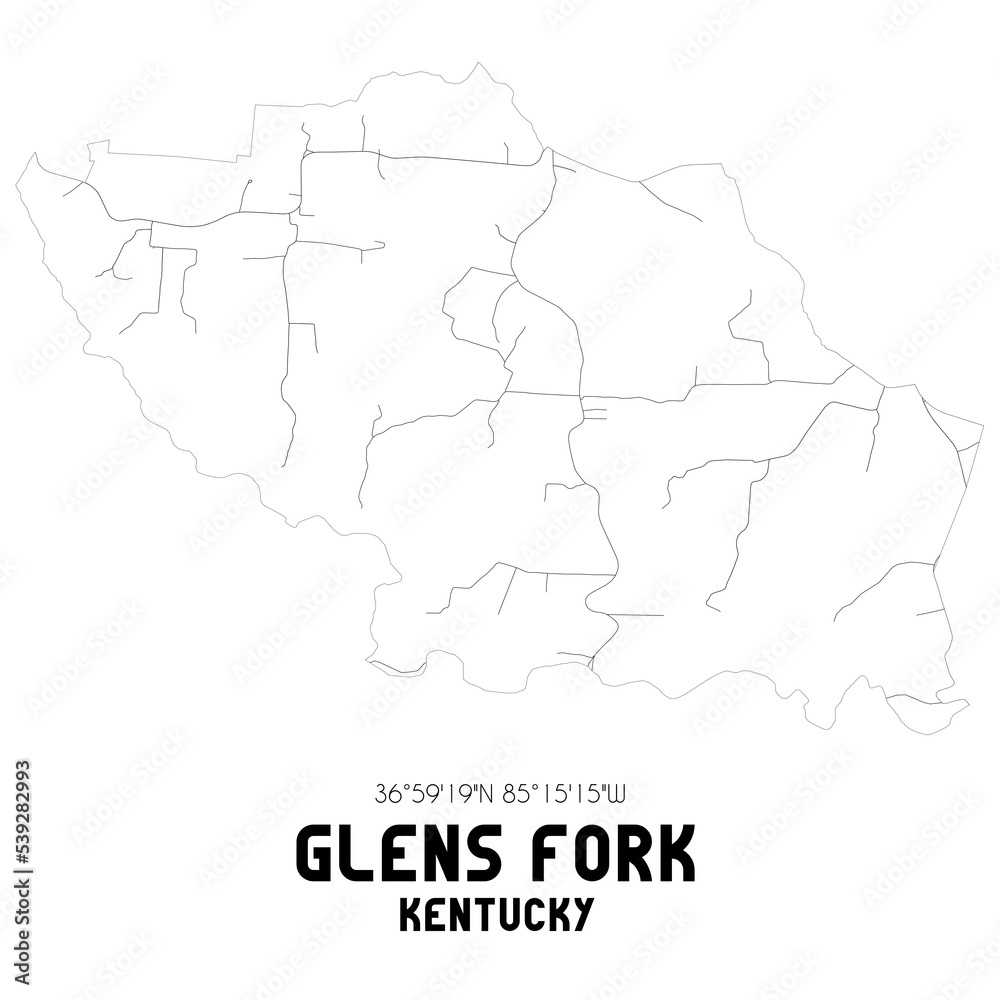 Glens Fork Kentucky. US street map with black and white lines.