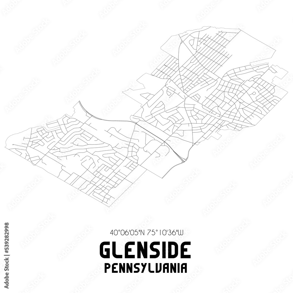 Glenside Pennsylvania. US street map with black and white lines.