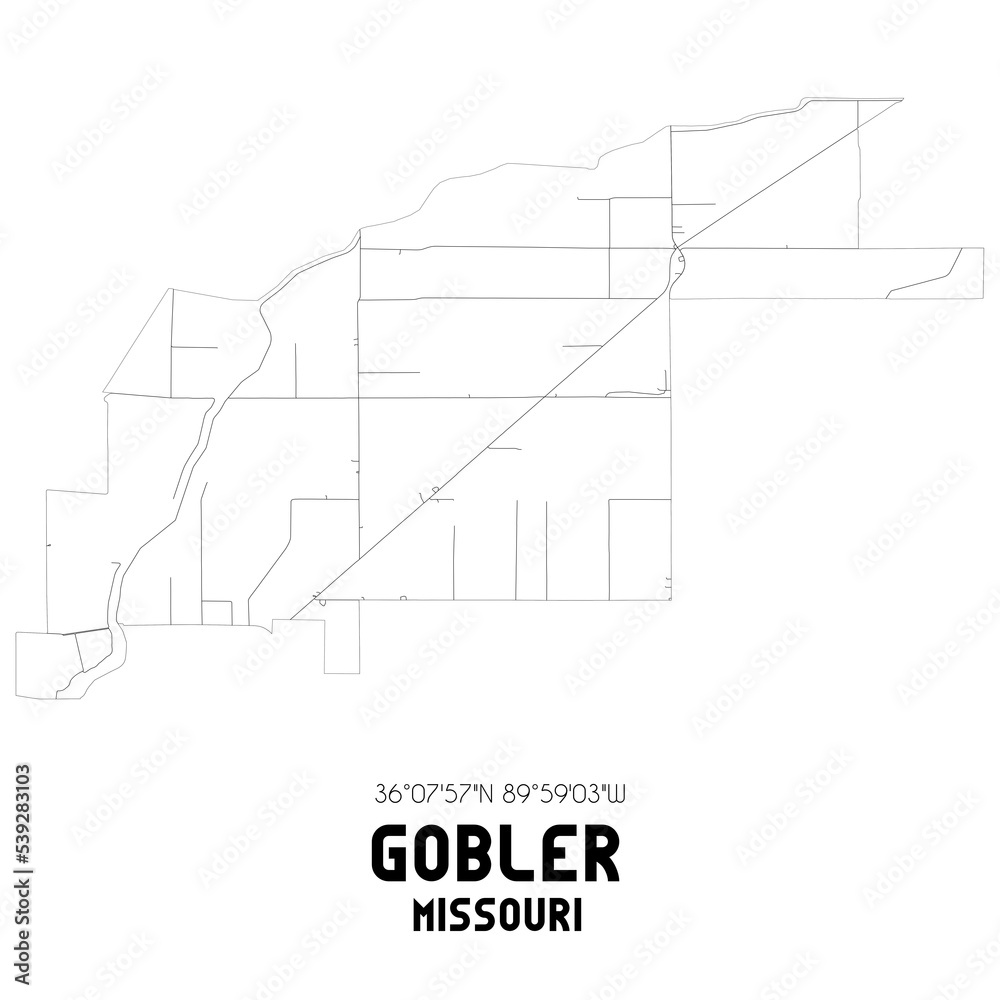 Gobler Missouri. US street map with black and white lines.